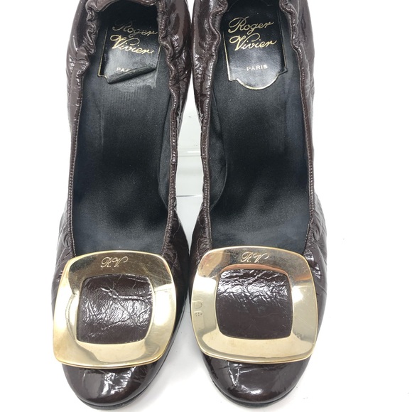 Roger Vivier Dark Brown Patent Leather Chips Elastic Heels / Pumps sz 37.5 - Picture 3 of 10